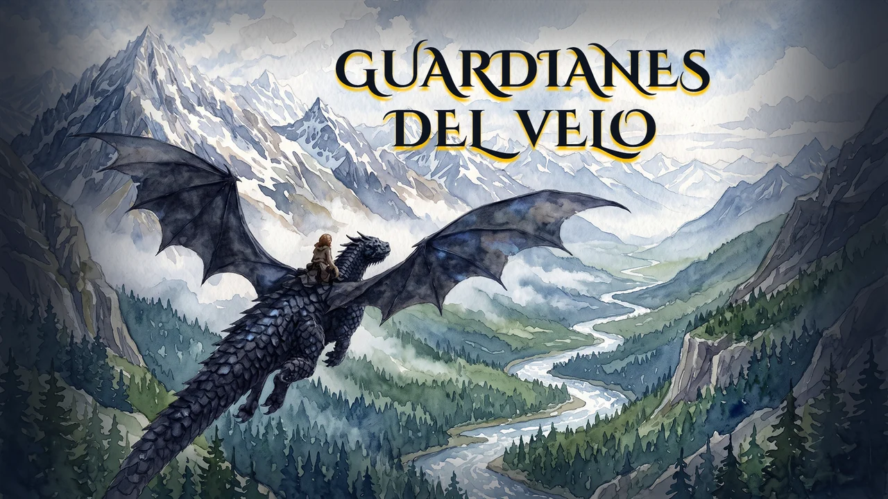 Portada de la banda sonora: una chica monta un dragón negro sobre un valle del Pirineo, en acuarela