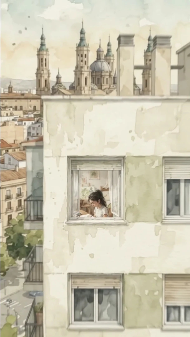 Fotograma de la banda sonora: una chica escribe en la ventana de un piso de Zaragoza, con las torres del Pilar al fondo