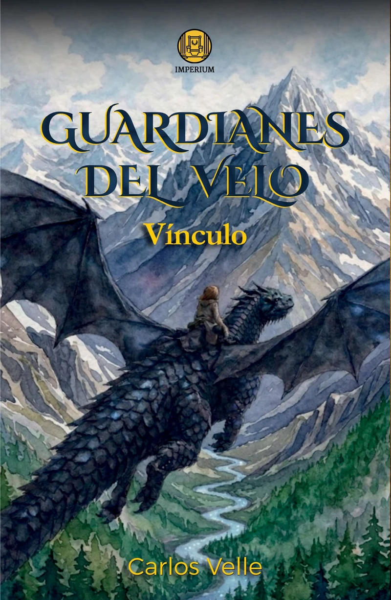 Cubierta de Vínculo: una chica montada sobre un dragón negro sobrevolando un valle del Pirineo